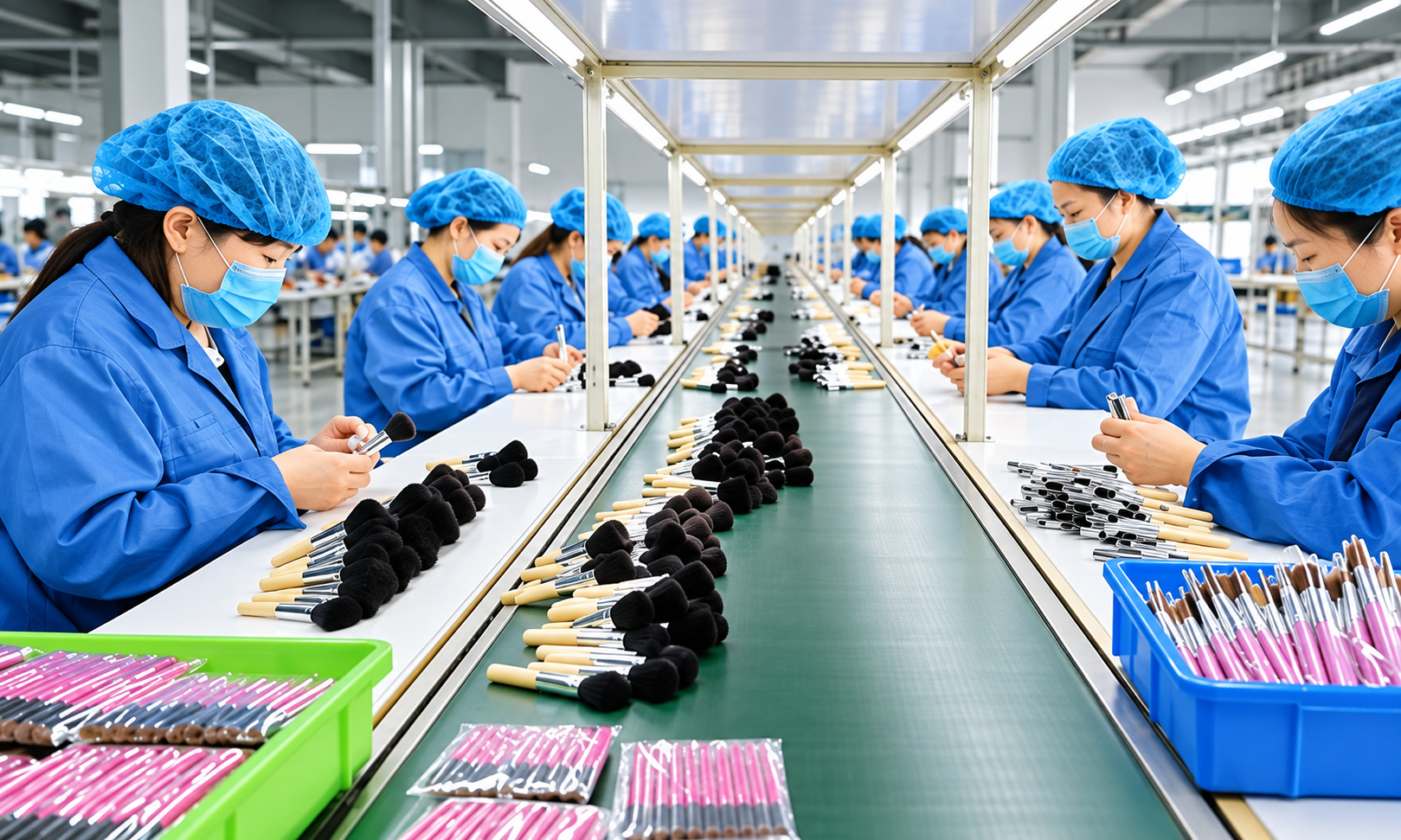 YELVINA quality inspection line where workers check brushes by hand